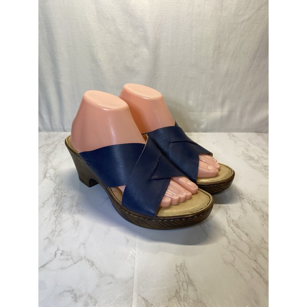 Born Coney Platform Sandal Blue Leather Open Toe Slip On Heels - Size 10